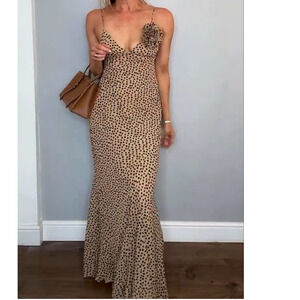 Sleeveless Polka Dot V-Neck Maxi Slip Dress Rose Applique Light Brown Women's S